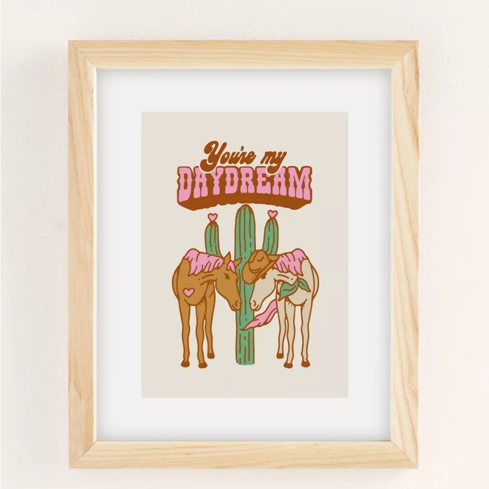 Kira Cyan Cowboy Love Art Print with Natural Wood Frame